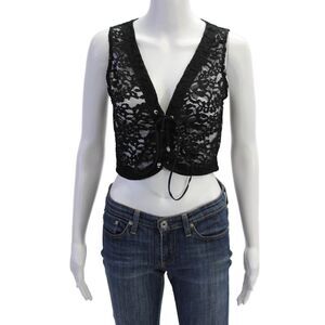 Shan Womens Sheer Lace Detail Sleeveless Lace Up Crop Top Black Size 8